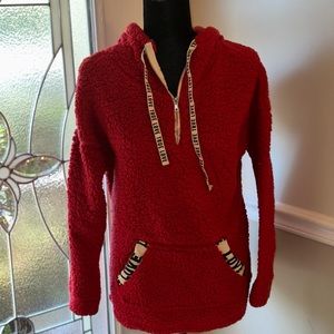 Red “Love” Fleece Pullover Front Zip | Draw String Hoodie